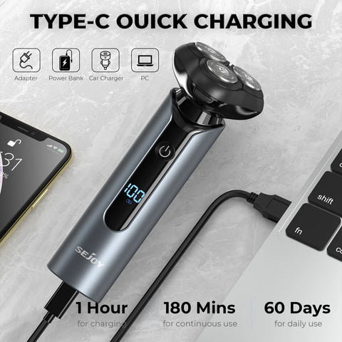 Sejoy Electric Shavers Razor for Men, Rechargeable Face 4D Rotary Shaver, Waterproof Wet & Dry, LED Display, Use for Home Travel