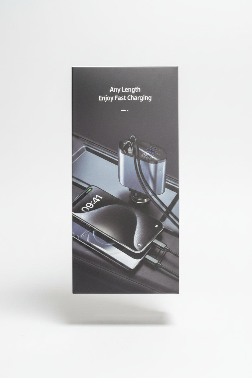 4-in-1 Retractable Fast Car Charger | 800mm Heavy-Duty Cable & LED Voltage Monitor