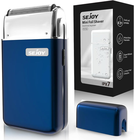 Sejoy Portable Electric Razor for Men with Toothed & Mesh Blades, Magnetic Adsorption Head, Dynamic Ribbon LED, IPX7, Mini Electric Foil Shaver for Men