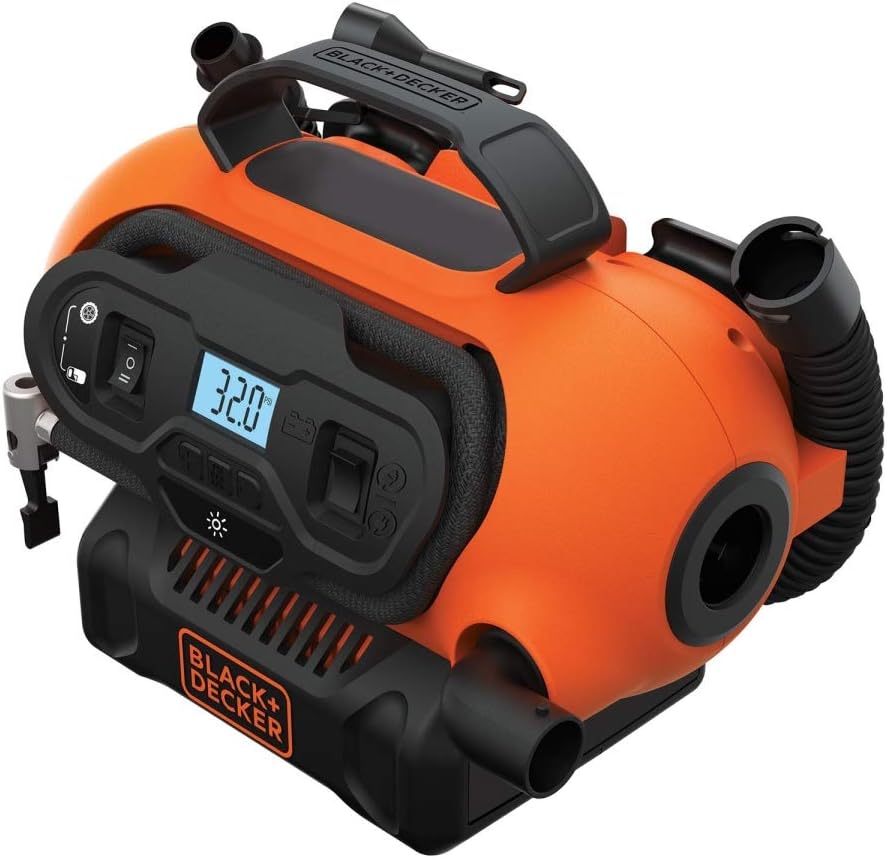 Black+Decker BDCINF18N-QS 11.0 Bar Compressor/Air Pump (Possible Power Source: 12V/230V Connection or 18V Battery 160PSI for Tyres, Balls, Wheelchairs, with 2 Operating Modes and Pumping Mode