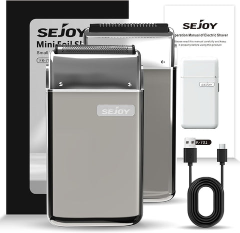 Sejoy Portable Electric Razor for Men with Toothed & Mesh Blades, Magnetic Adsorption Head, Dynamic Ribbon LED, IPX7, Mini Electric Foil Shaver for Men