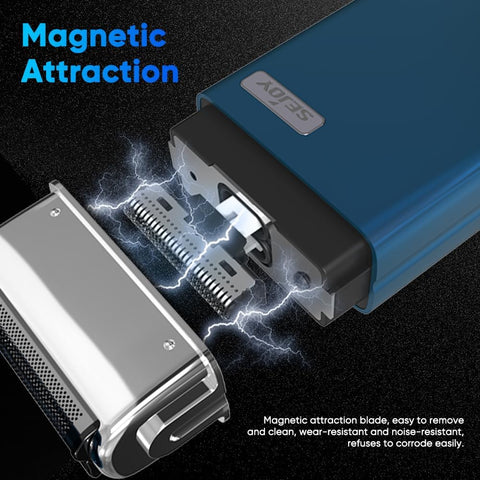 Sejoy Portable Electric Razor for Men with Toothed & Mesh Blades, Magnetic Adsorption Head, Dynamic Ribbon LED, IPX7, Mini Electric Foil Shaver for Men