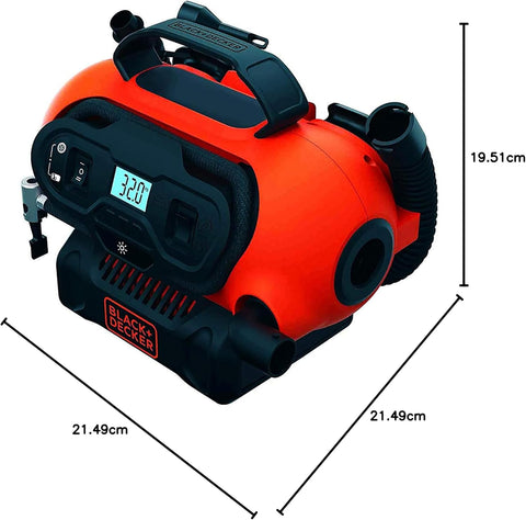 Black+Decker BDCINF18N-QS 11.0 Bar Compressor/Air Pump (Possible Power Source: 12V/230V Connection or 18V Battery 160PSI for Tyres, Balls, Wheelchairs, with 2 Operating Modes and Pumping Mode