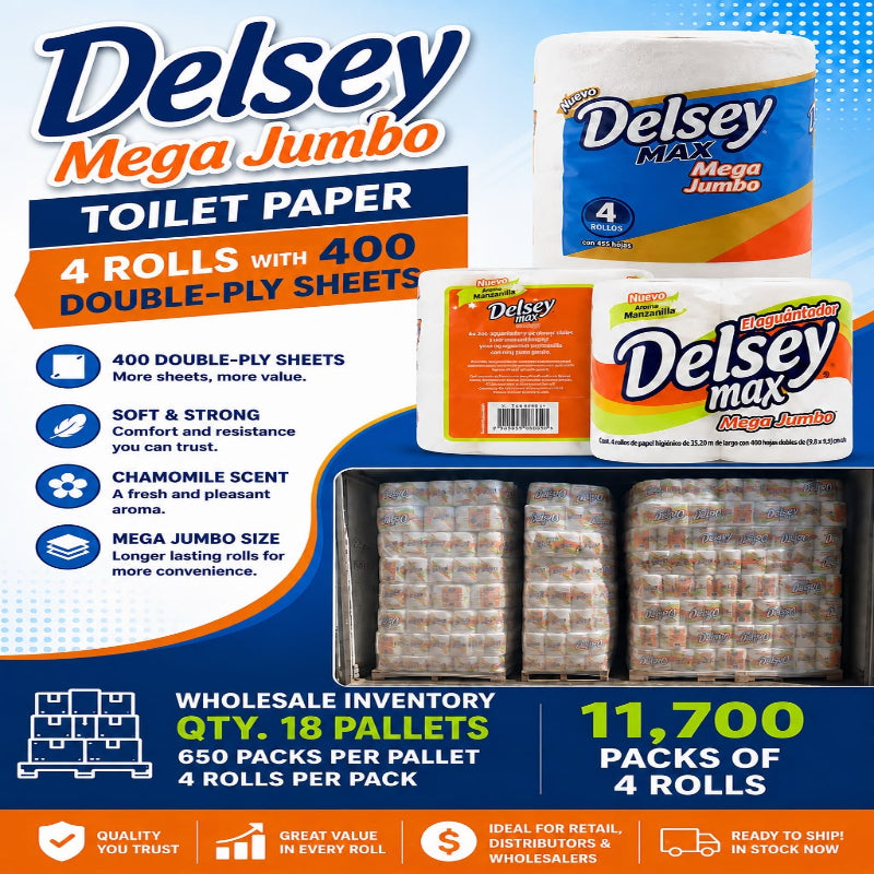 Delsey Max Mega Jumbo Toilet Paper 4 Roll Pack | 400 Double-Ply Sheets | Wholesale Bulk Supply