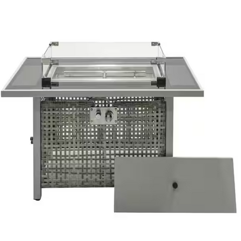43 in. Gray Rectangular Wicker Fire Pit Table with Glass Wind Guard