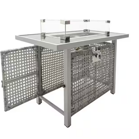43 in. Gray Rectangular Wicker Fire Pit Table with Glass Wind Guard
