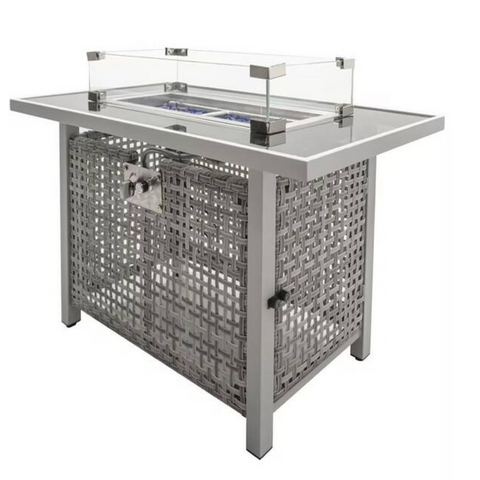 43 in. Gray Rectangular Wicker Fire Pit Table with Glass Wind Guard