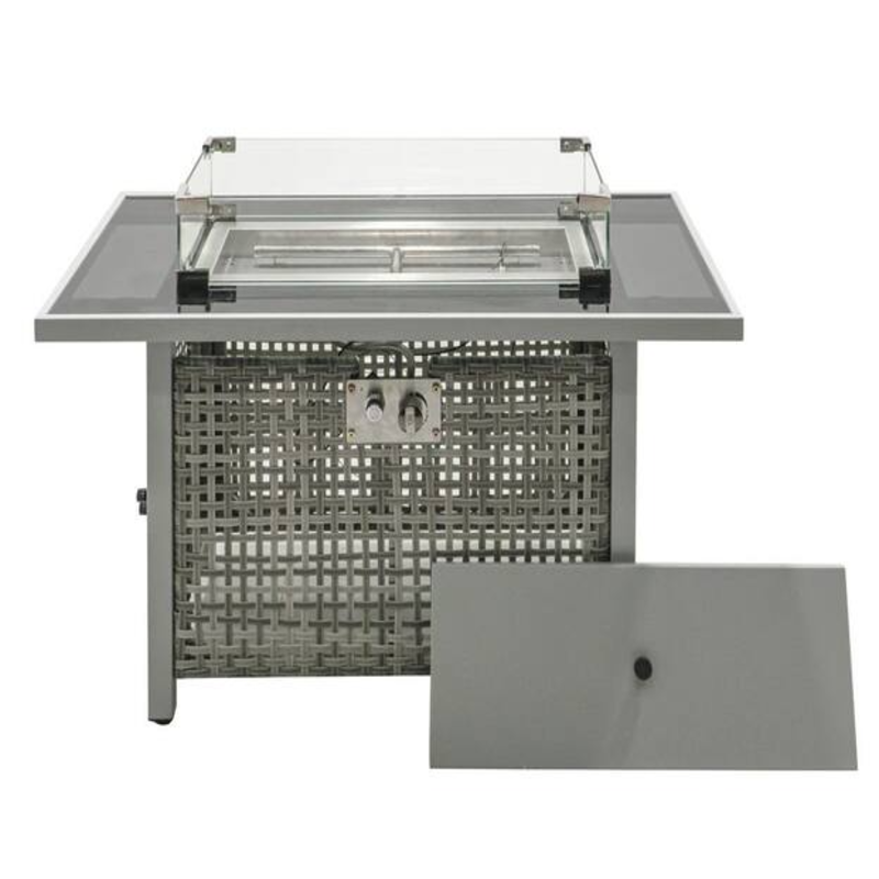 43 in. Gray Rectangular Wicker Fire Pit Table with Glass Wind Guard