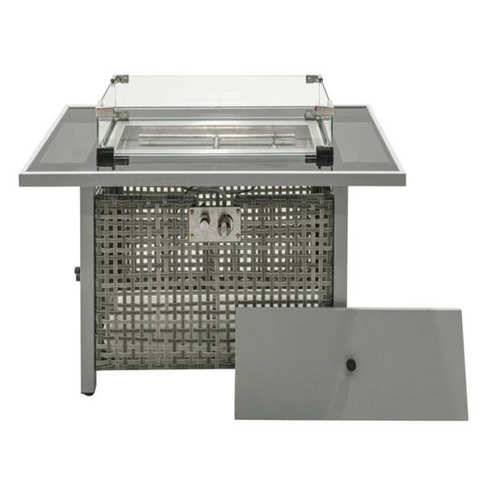 43 in. Gray Rectangular Wicker Fire Pit Table with Glass Wind Guard