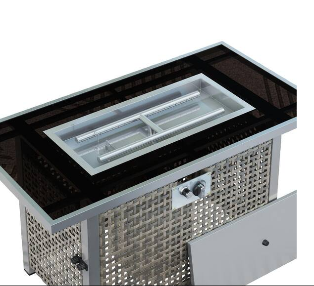 43 in. Gray Rectangular Wicker Fire Pit Table with Glass Wind Guard