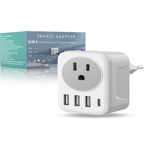 5-in-1 US to UK/EU Travel Adapter with 3 USB Ports & USB-C Fast Charging – Universal International Plug Converter